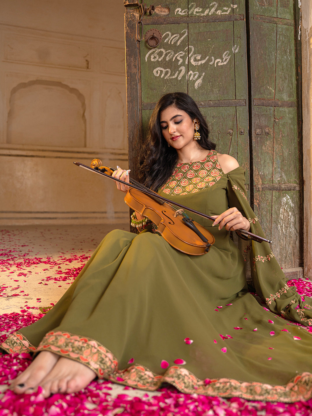 Olive Festive Wear Embroidered Georgette Anarkali Set for Women