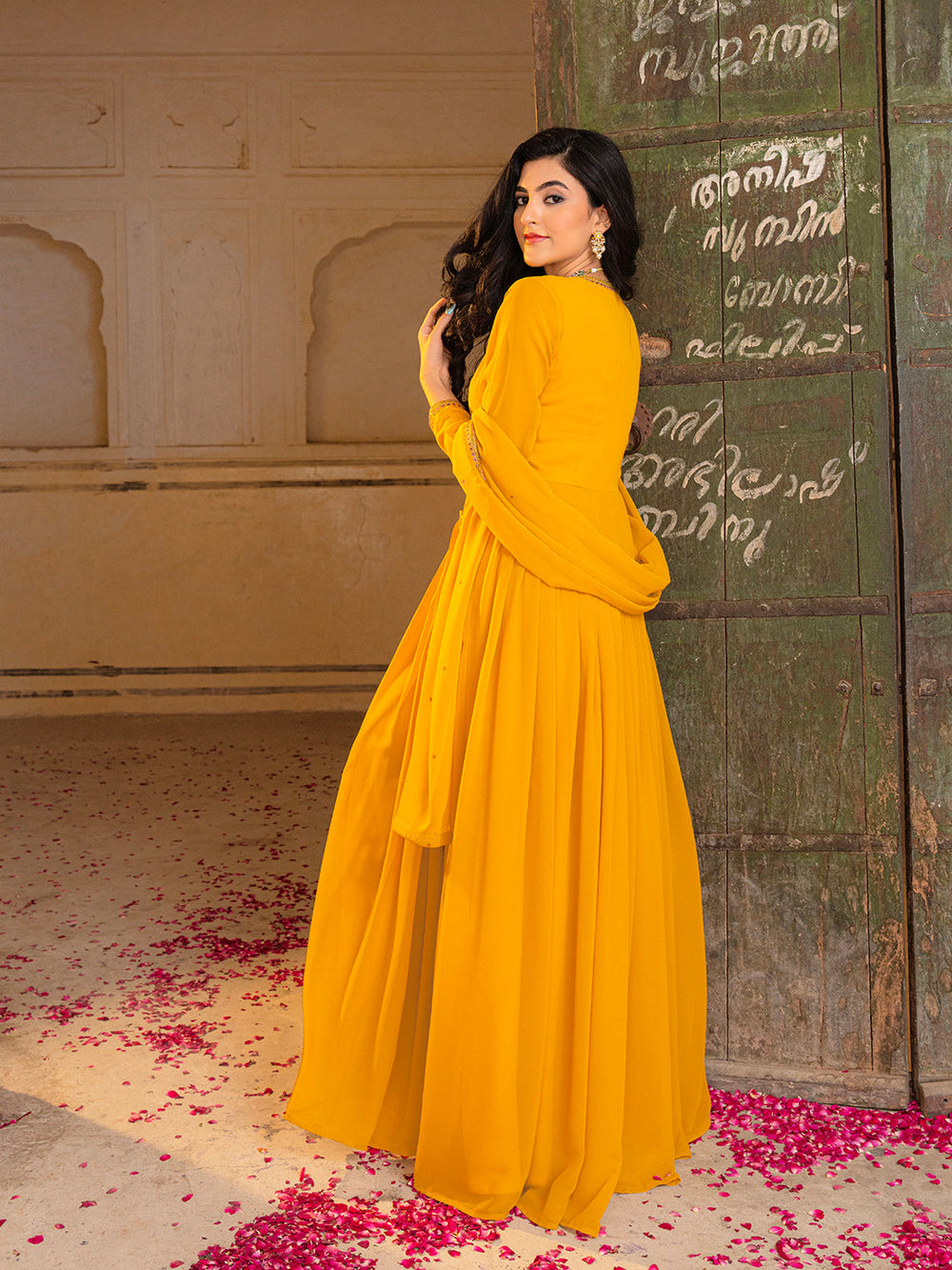 Regal Mustard Georgette Anarkali with Intricate Embroidery Work