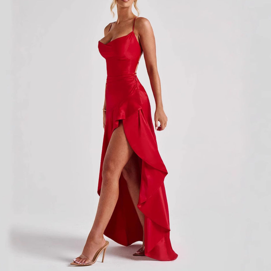 Women's Backless Ruffles Irregular Maxi Dress