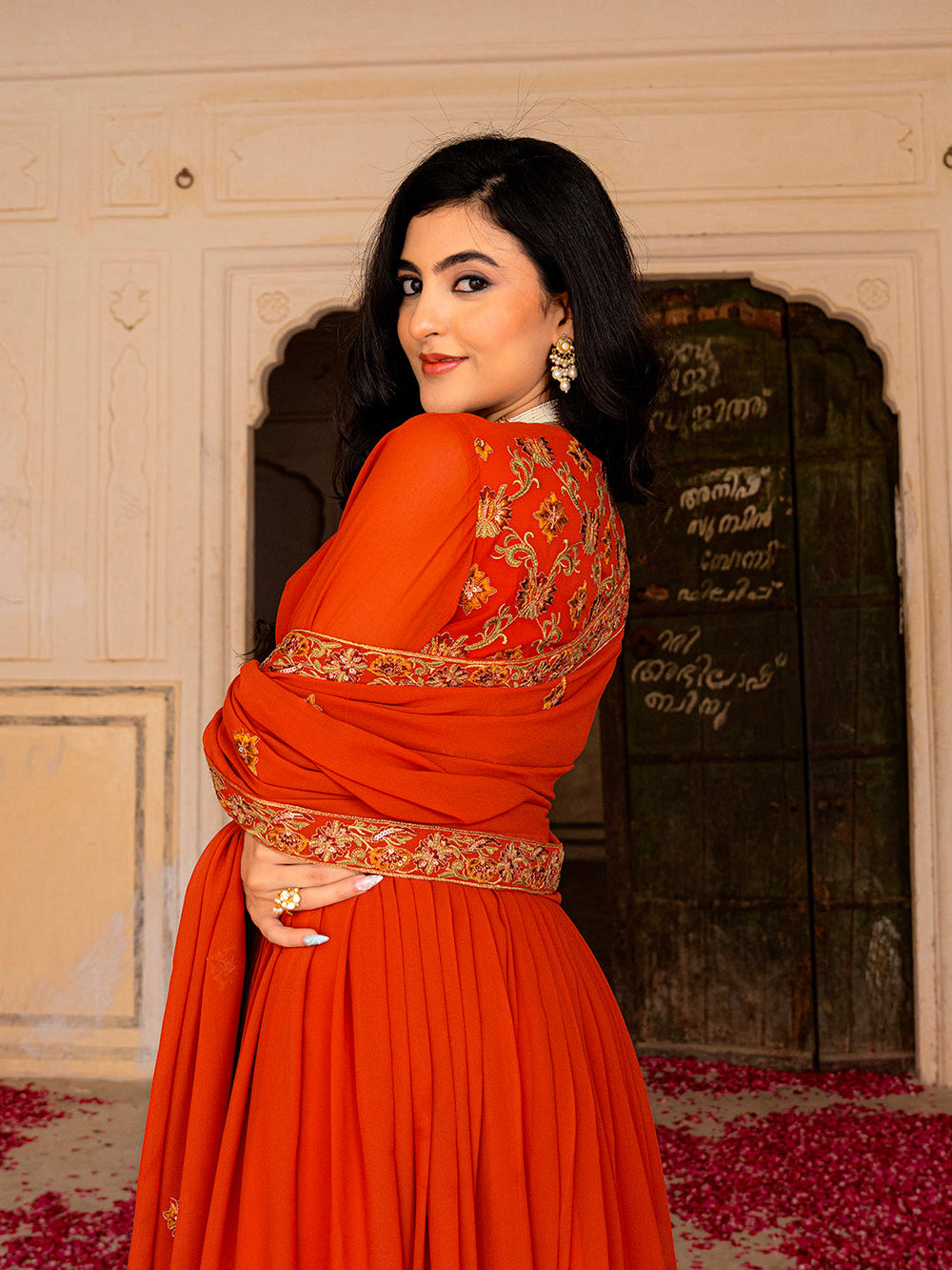 Radiant Orange Georgette Anarkali with Intricate Embroidered Detailing