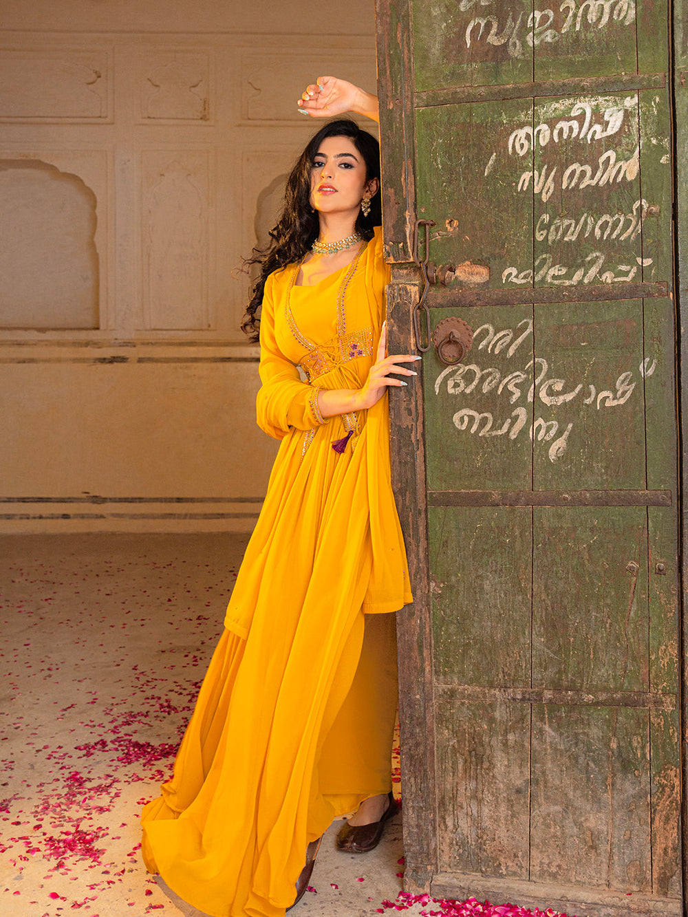 Regal Mustard Georgette Anarkali with Intricate Embroidery Work