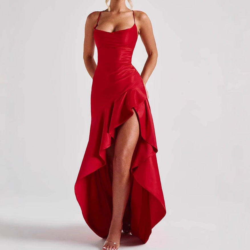 Women's Backless Ruffles Irregular Maxi Dress