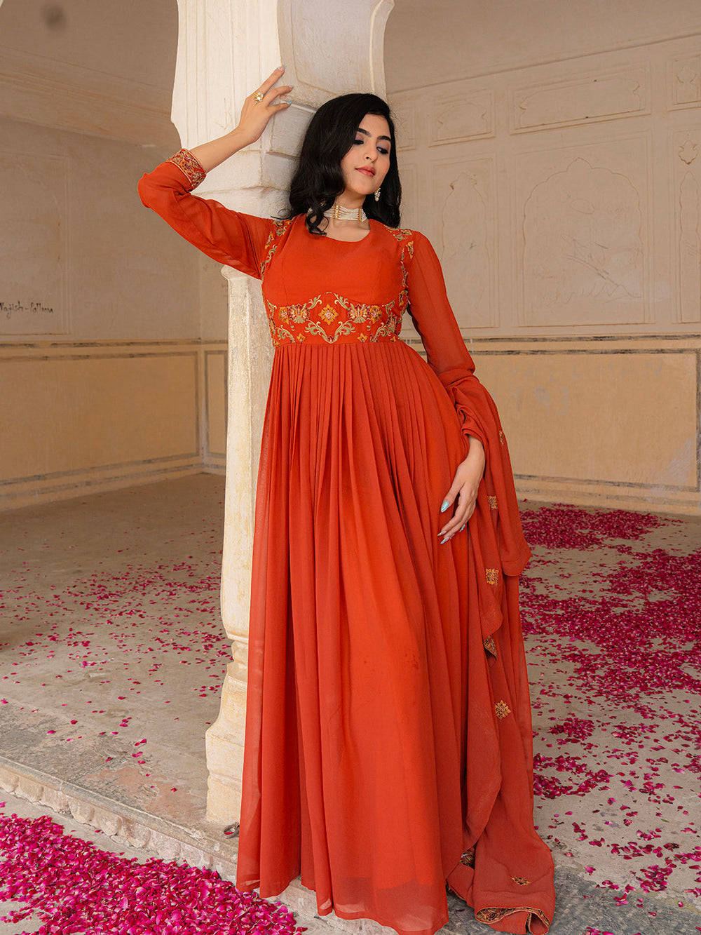 Radiant Orange Georgette Anarkali with Intricate Embroidered Detailing