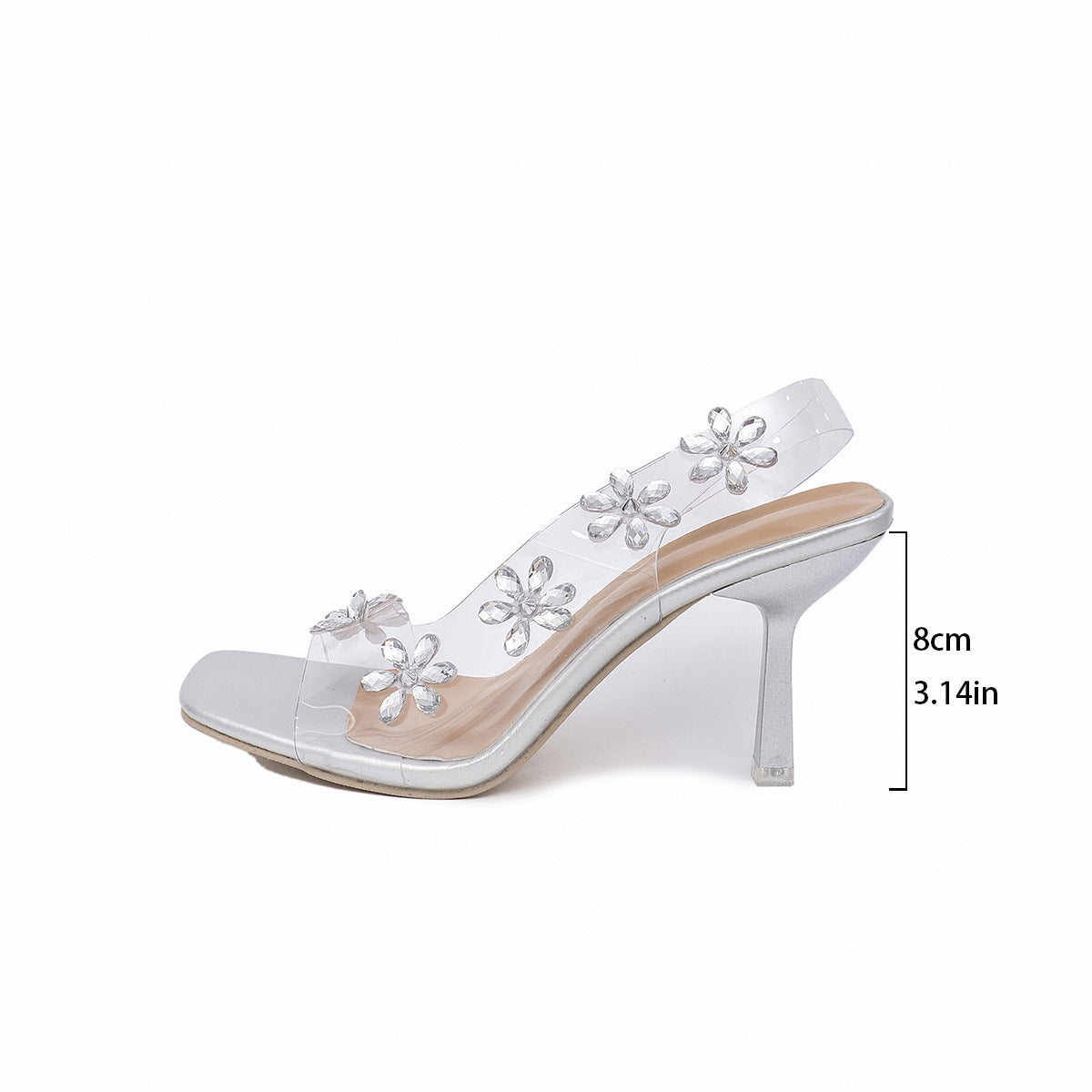 Women's Elegant Square Toe Female Sexy High Heels, PVC Rhinestone Flowers Slingback Pumps.