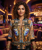 Women's 240 GSM premium all over printed poly brushed fleece QUEEN Bomber Jacket.