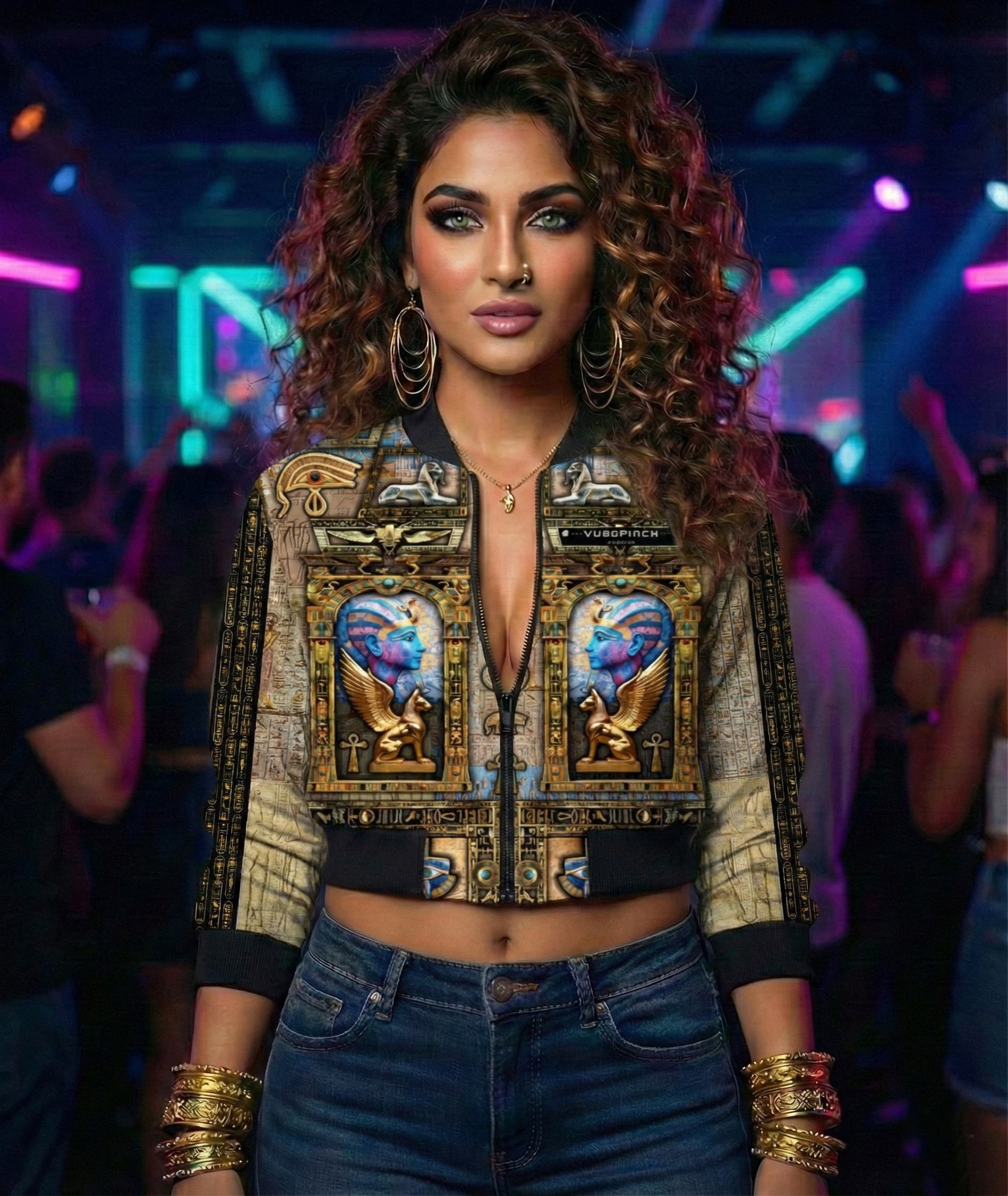 Women's 240 GSM premium all over printed poly brushed fleece QUEEN Bomber Jacket.