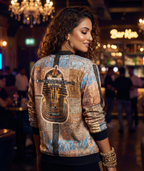 Women's 240 GSM premium all over printed poly brushed fleece QUEEN Bomber Jacket.