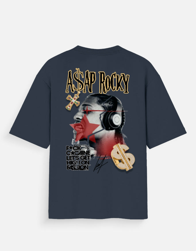 Navy blue t-shirt with A$AP Rocky graphic design on a white background