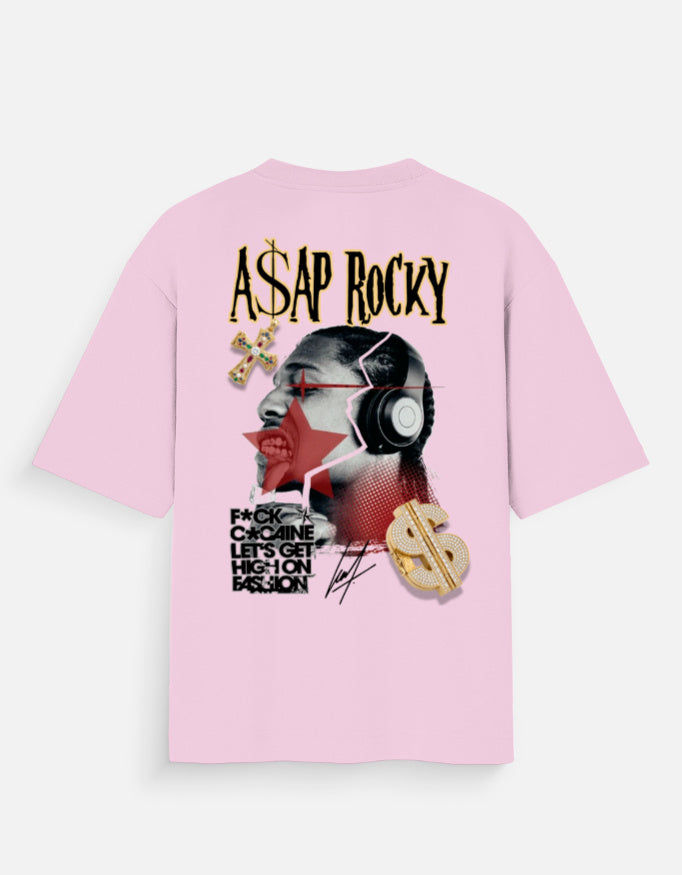 Pink t-shirt with A$AP Rocky graphic design on a white background