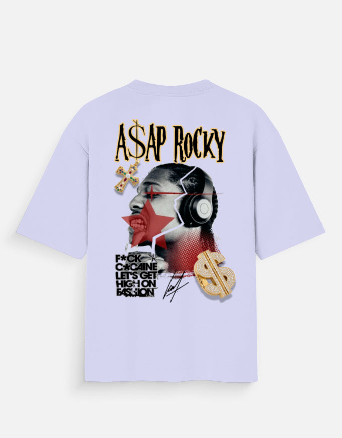 Light purple t-shirt with graphic design and text on a white background
