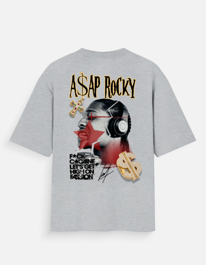 Gray t-shirt with A$AP Rocky graphic design on a white background