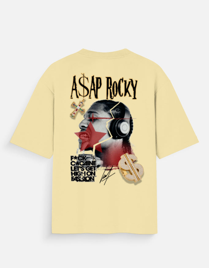 Yellow t-shirt with A$AP Rocky graphic design on a white background