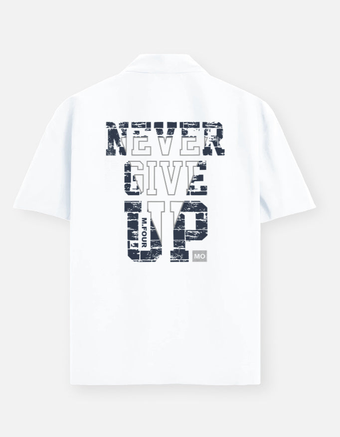 White t-shirt with 'NEVER GIVE UP' text on a white background
