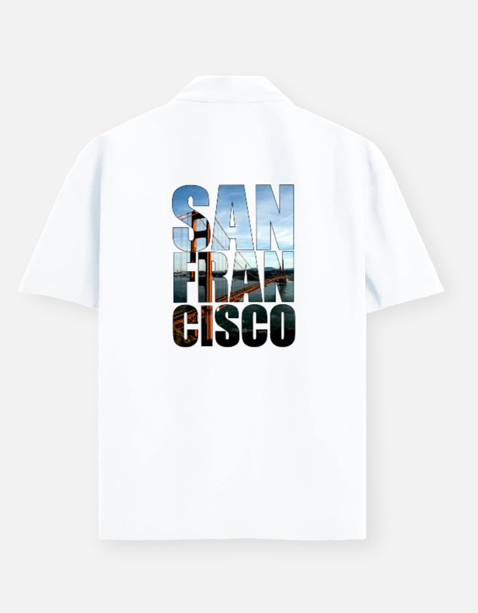 White t-shirt with 'San Francisco' text design on a white background