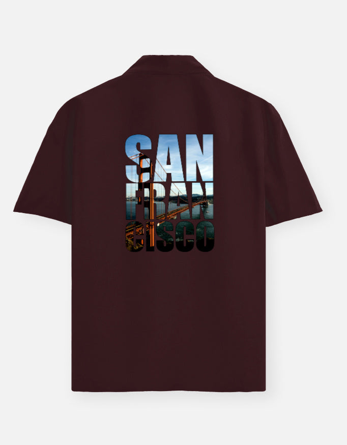 Brown shirt with 'San Fran Disco' graphic on the back against a white background