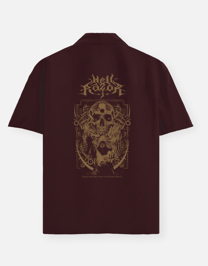 Brown shirt with gold text and crown graphic.