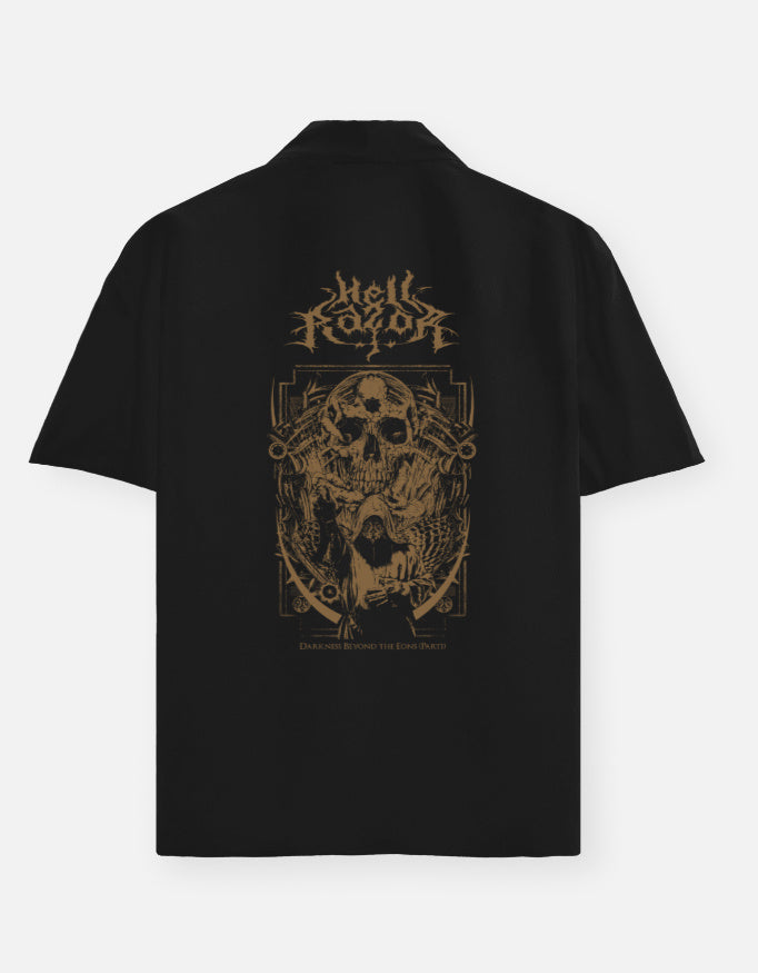 black shirt with gold text and crown graphic on a white background