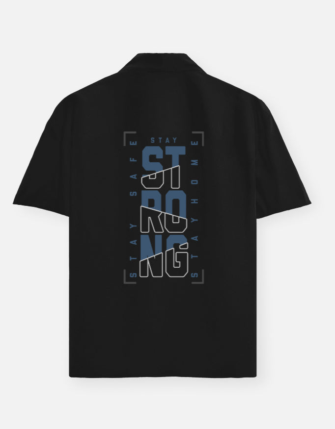 Black t-shirt with 'Stay Strong' text on the back against a white background