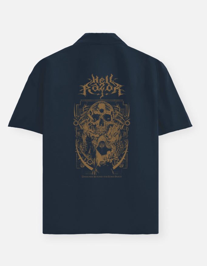Navy blue polo shirt with gold graphic design on the back against a white background