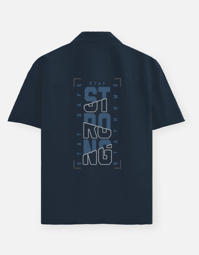 blue t-shirt with 'Stay Strong' text on the back against a white background