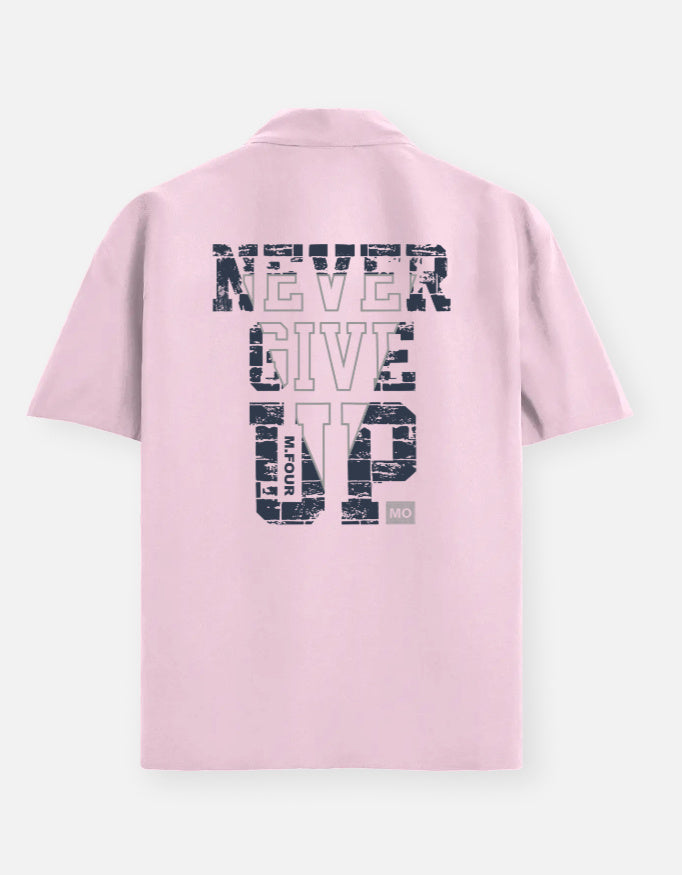 Pink polo shirt with 'NEVER GIVE UP' text on a white background