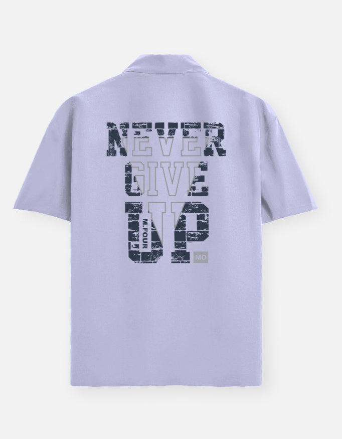 Light purple polo shirt with 'Never Give Up' text on a white background