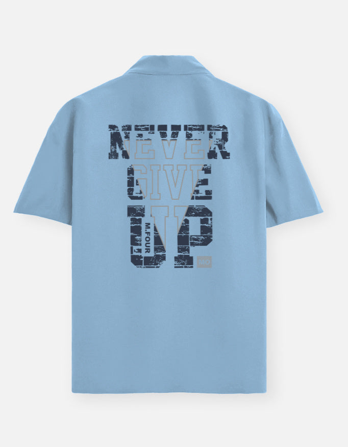 Light blue polo shirt with 'NEVER GIVE UP' text on the back against a white background