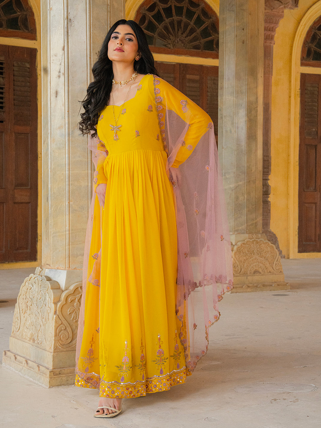 Yellow Georgette Embroidered Anarkali Gown with Contrast Dupatta