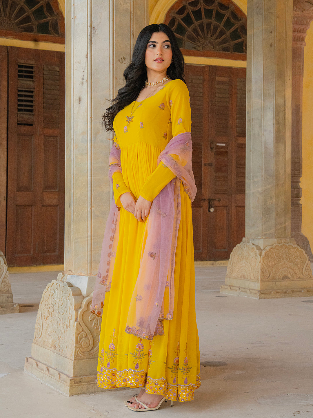 Yellow Georgette Embroidered Anarkali Gown with Contrast Dupatta