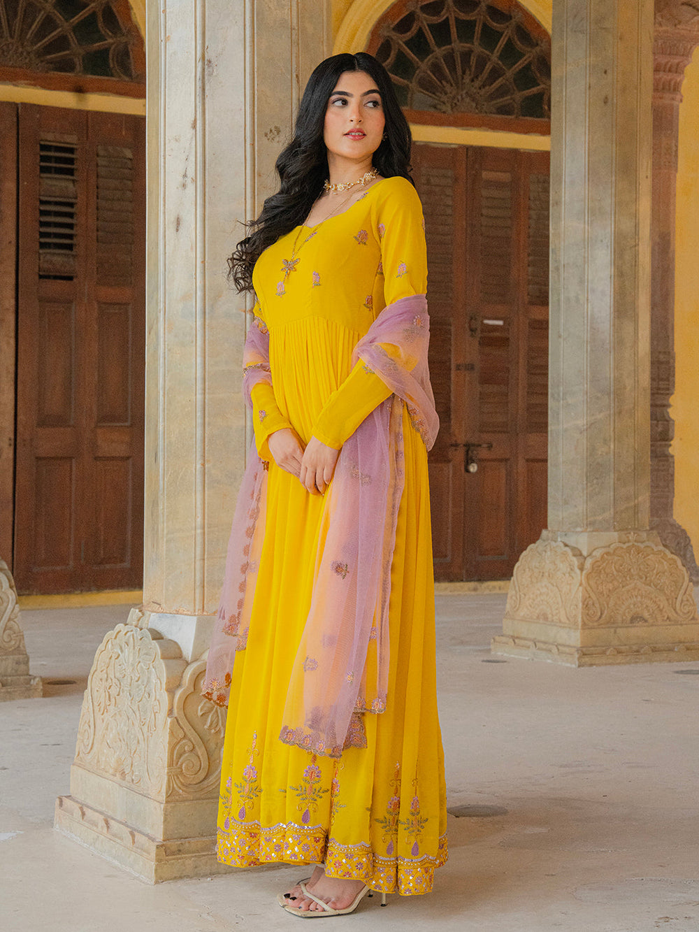 Yellow Georgette Embroidered Anarkali Gown with Contrast Dupatta
