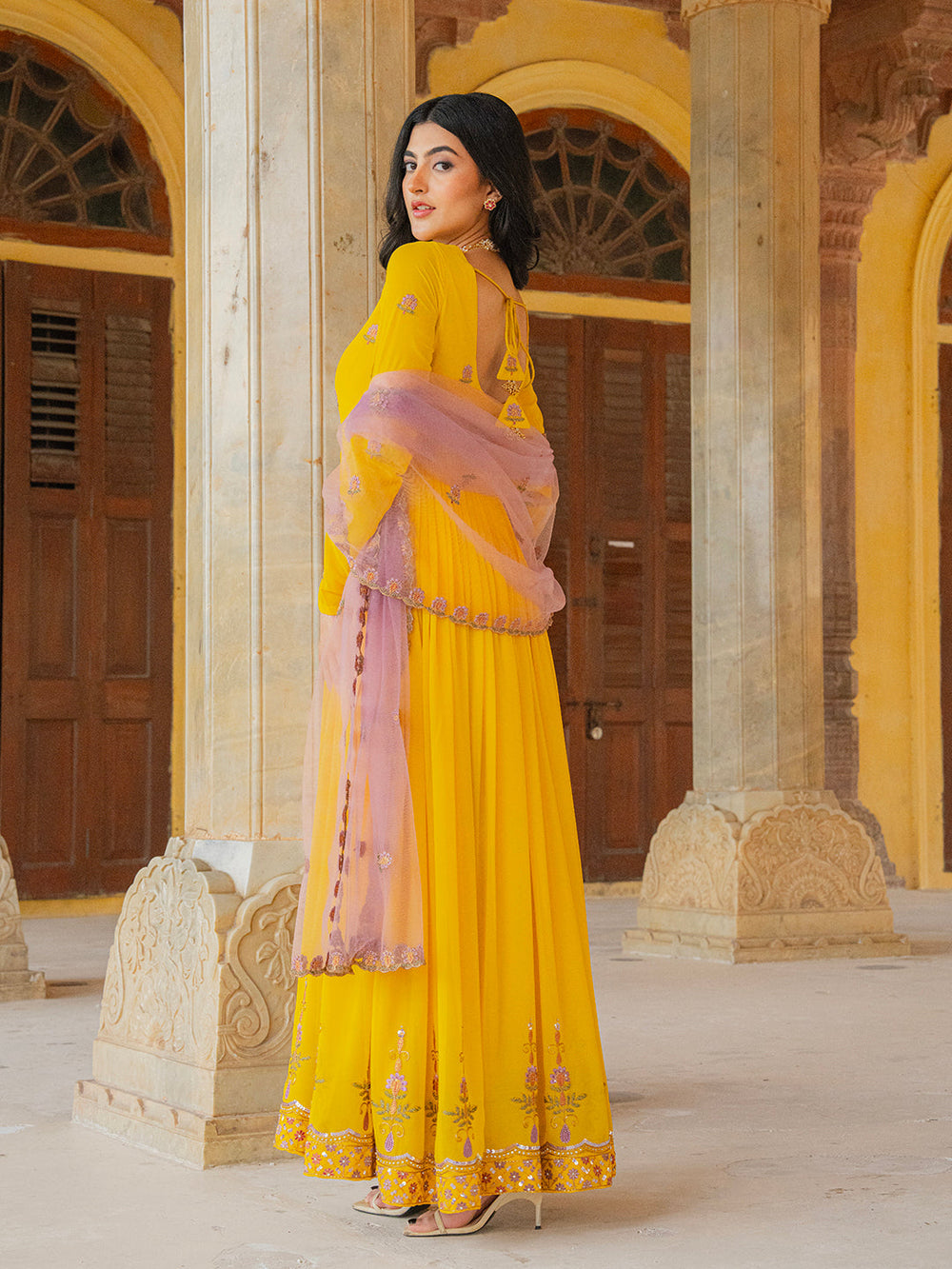 Yellow Georgette Embroidered Anarkali Gown with Contrast Dupatta