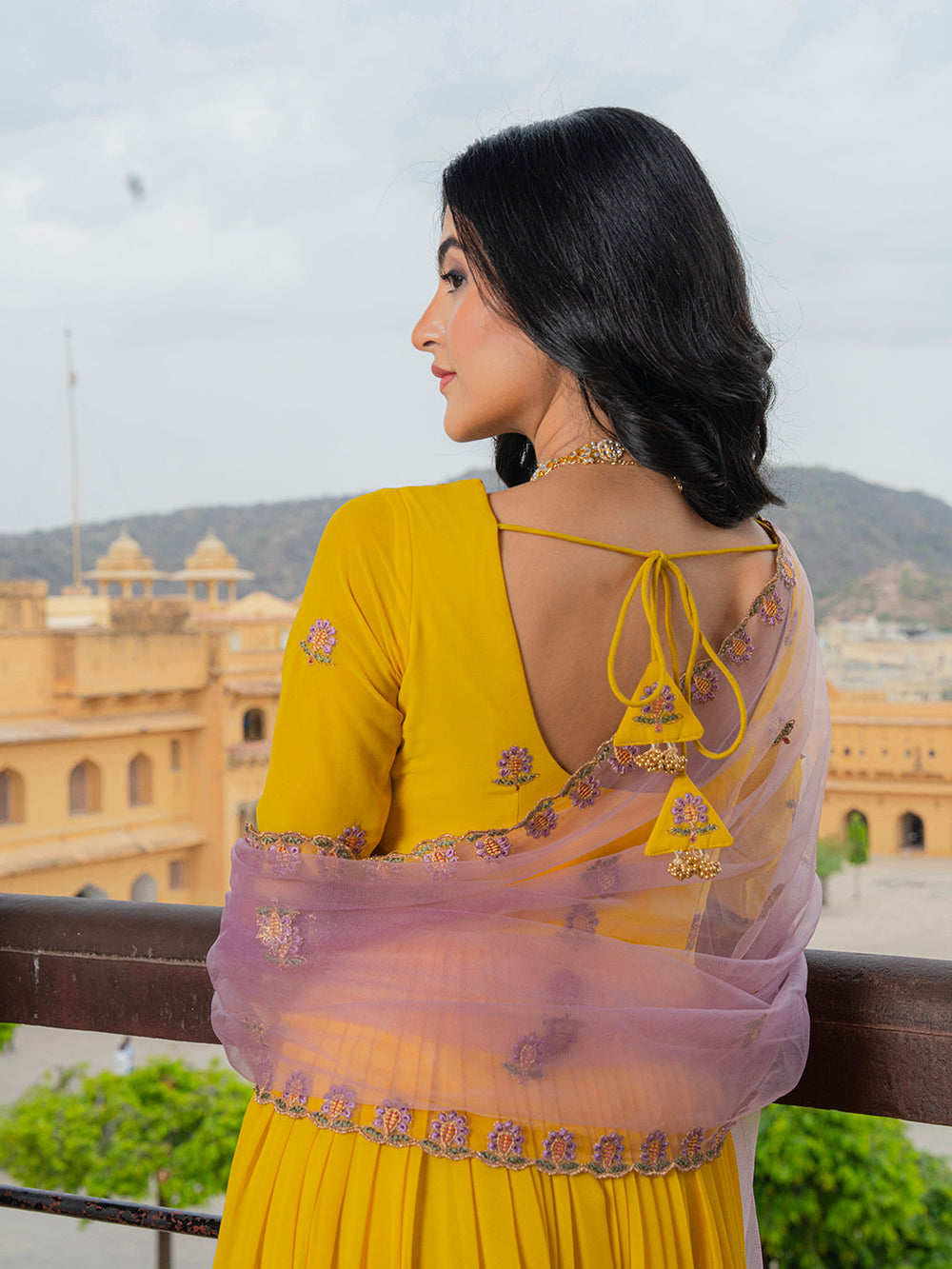 Yellow Georgette Embroidered Anarkali Gown with Contrast Dupatta