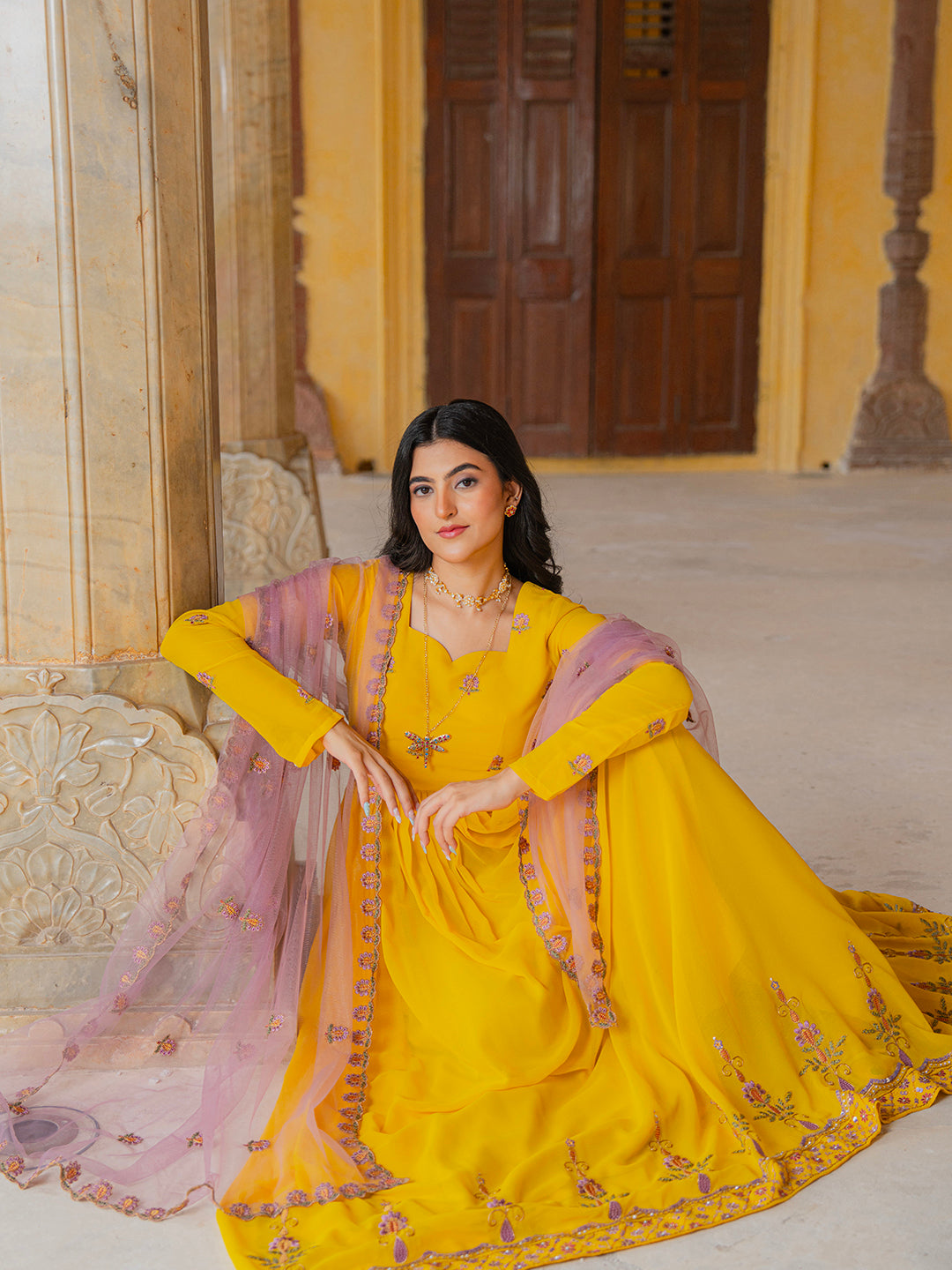 Yellow Georgette Embroidered Anarkali Gown with Contrast Dupatta
