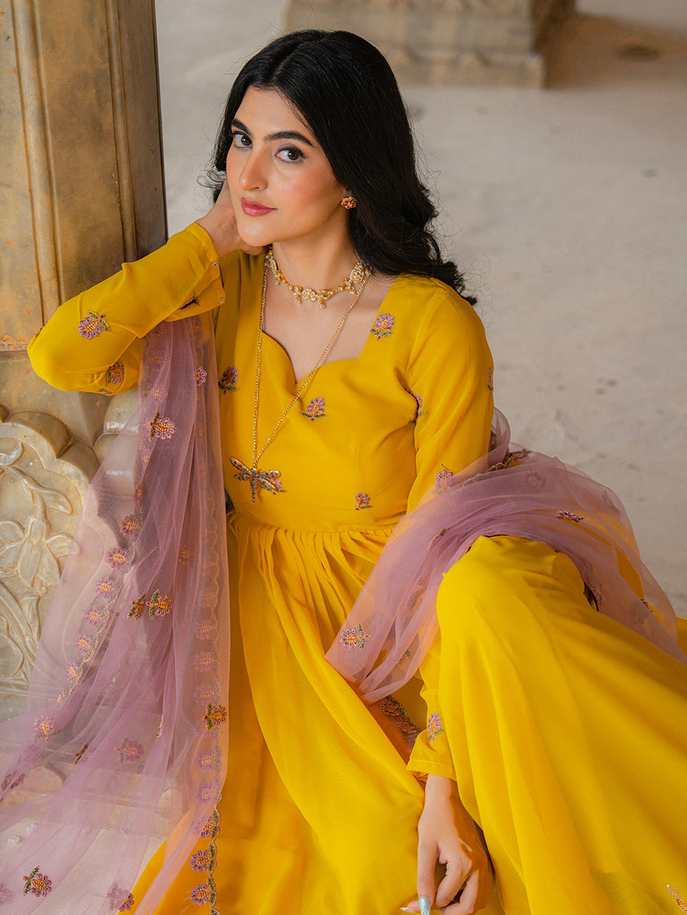 Yellow Georgette Embroidered Anarkali Gown with Contrast Dupatta