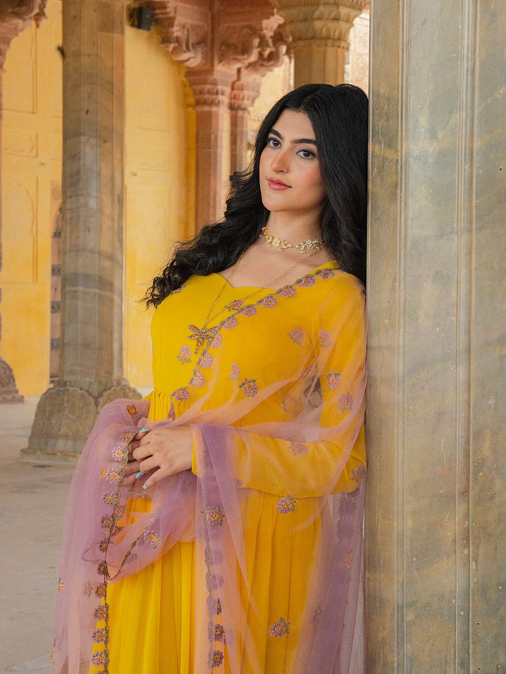 Yellow Georgette Embroidered Anarkali Gown with Contrast Dupatta
