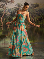 Mint Blue Floral Georgette Lehenga Set with Handwork & Corset Blouse