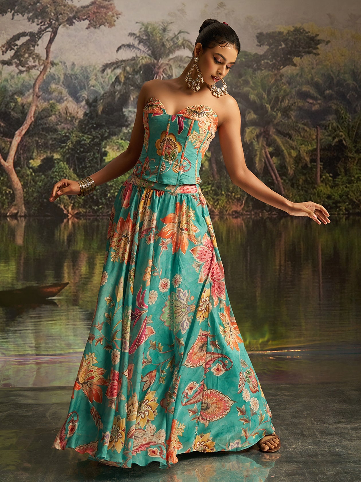 Mint Blue Floral Georgette Lehenga Set with Handwork & Corset Blouse