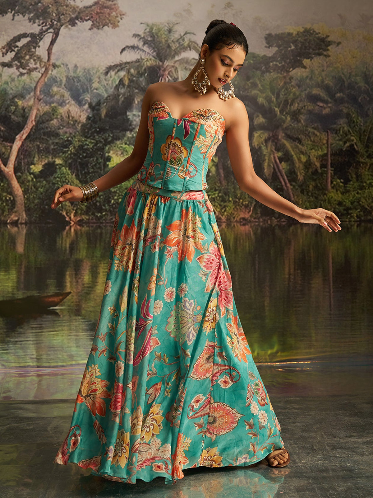 Mint Blue Floral Georgette Lehenga Set with Handwork & Corset Blouse