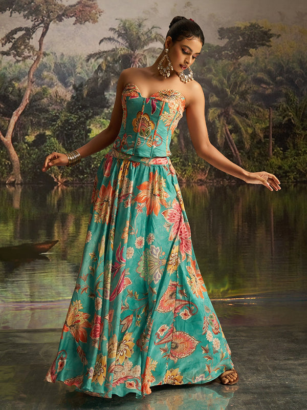 Mint Blue Floral Georgette Lehenga Set with Handwork & Corset Blouse - Image 1