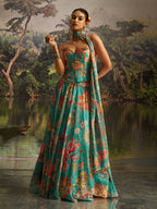 Mint Blue Floral Georgette Lehenga Set with Handwork & Corset Blouse