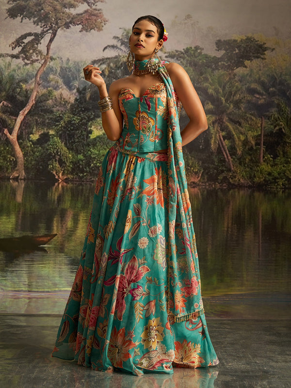 Mint Blue Floral Georgette Lehenga Set with Handwork & Corset Blouse - Image 2