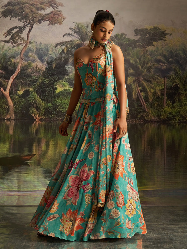 Mint Blue Floral Georgette Lehenga Set with Handwork & Corset Blouse - Image 4