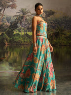 Mint Blue Floral Georgette Lehenga Set with Handwork & Corset Blouse
