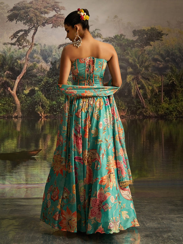 Mint Blue Floral Georgette Lehenga Set with Handwork & Corset Blouse - Image 3