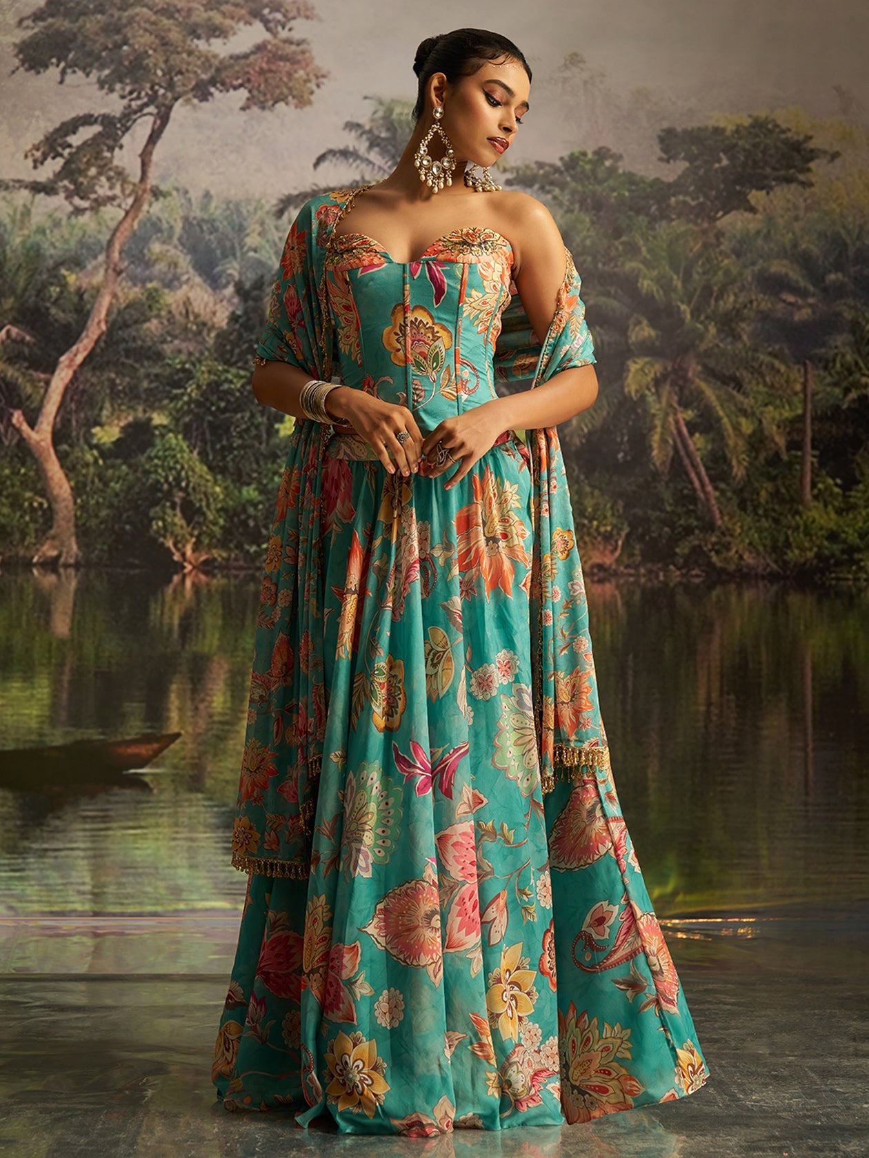 Mint Blue Floral Georgette Lehenga Set with Handwork & Corset Blouse