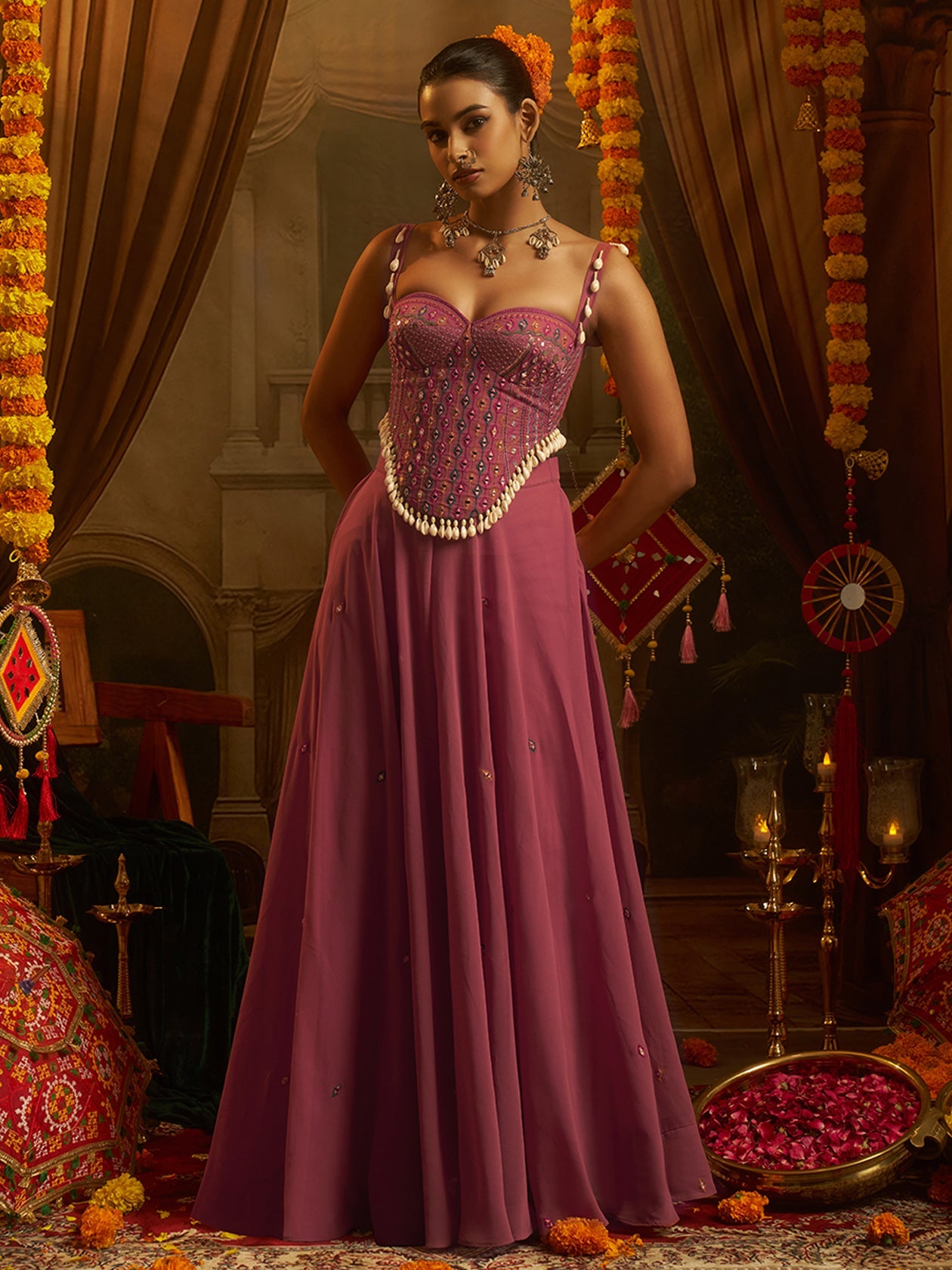 Pink Georgette Designer Festive Set with Mirror and Shell Handwork