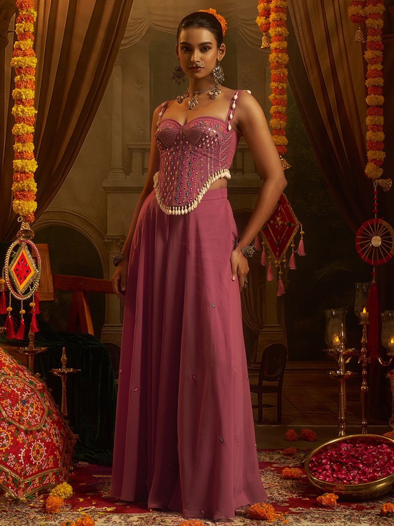 Pink Georgette Designer Festive Set with Mirror and Shell Handwork