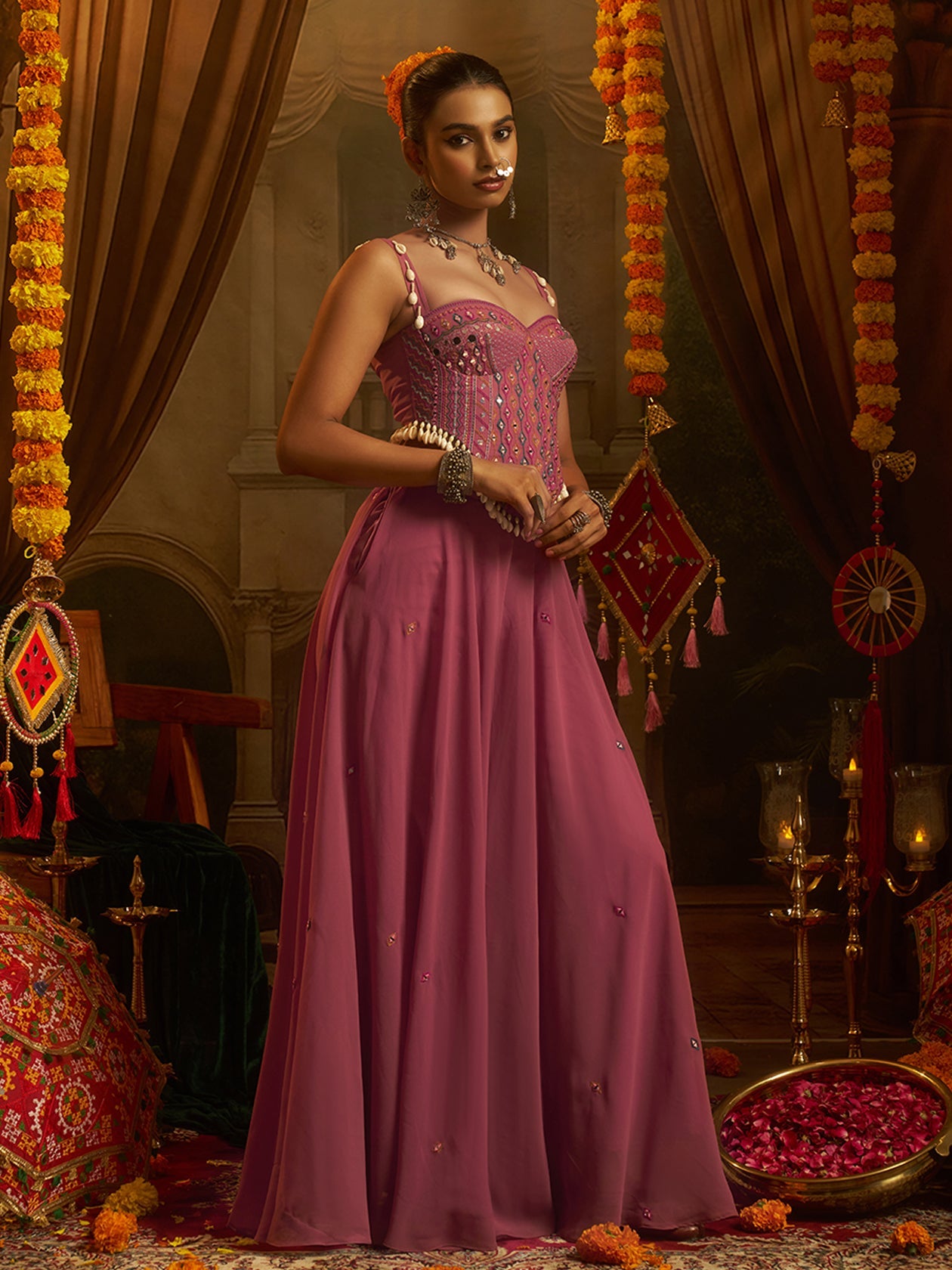 Pink Georgette Designer Festive Set with Mirror and Shell Handwork