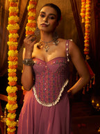 Pink Georgette Designer Festive Set with Mirror and Shell Handwork