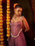 Pink Georgette Designer Festive Set with Mirror and Shell Handwork